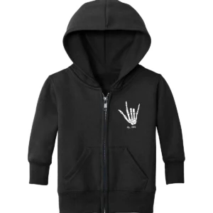 Black toddler zip-up hoodie with the small ily...DBS skeleton hand on the chest