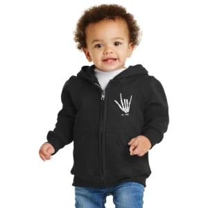 Toddler wearing the black ily...DBS zip-up hoodie