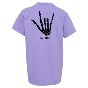 Back of the lavender youth t-shirt with the large ily...DBS skeleton hand