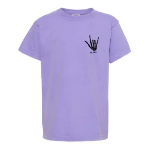 Lavender youth t-shirt with the small ily...DBS skeleton hand on the chest
