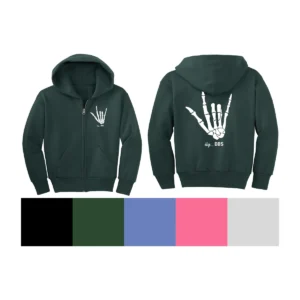 ily...DBS youth zip hoodie in forest green, front and back, with available colours
