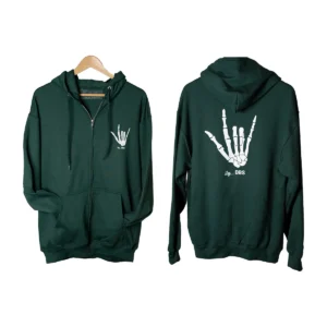 Forest green ily...DBS zip hoodie on a hanger, front and back