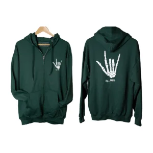 Pair of forest green ily...DBS zip hoodies showing the front and back prints