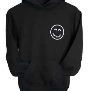 Black DON'T BE SHITTY smiley hoodie on a hanger, small smiley logo on the left chest