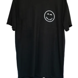 Black DON'T BE SHITTY smiley t-shirt on a hanger, small smiley logo on the left chest